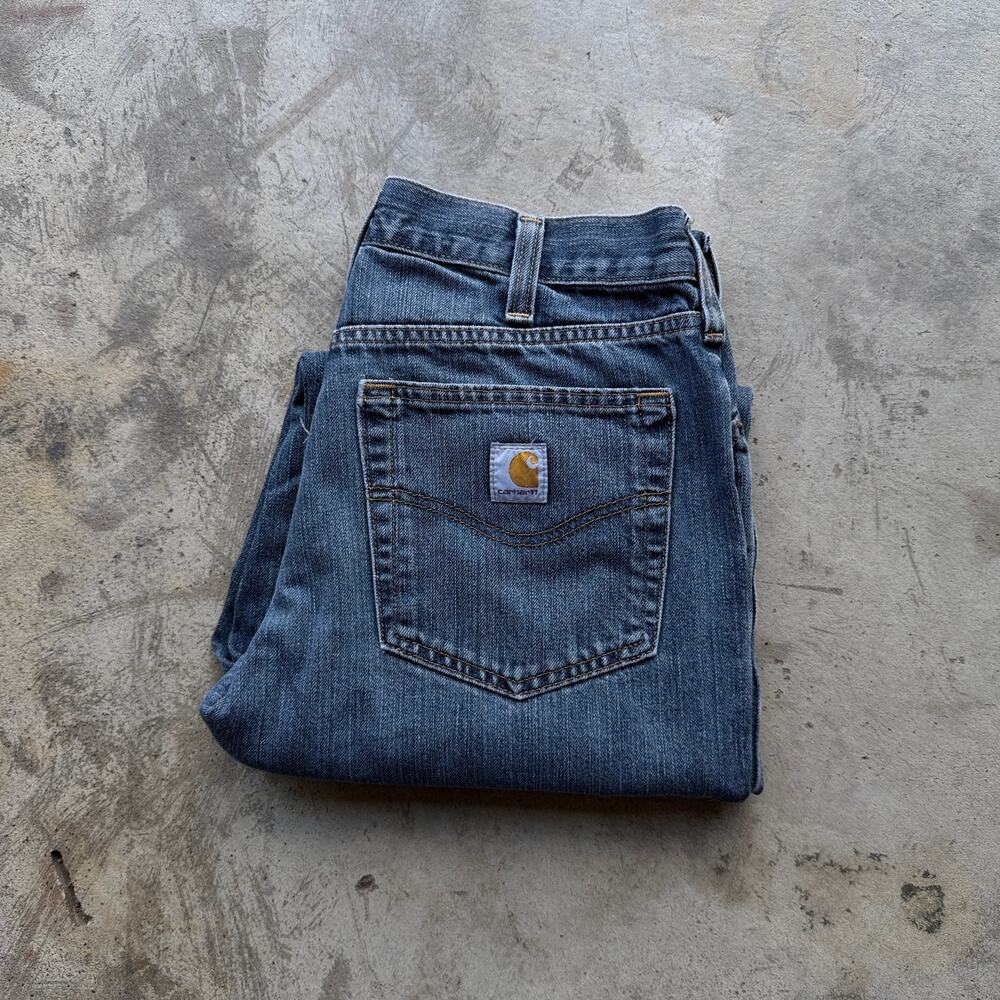 Carhartt Baggy Denim Jeans 32x30 Dark Blue Workwear Cut Hem